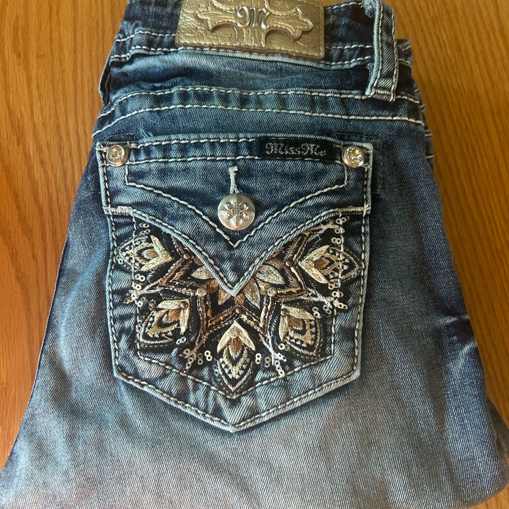 Miss Me Women's Blue Boot Cut Jeans with Embellished Pockets